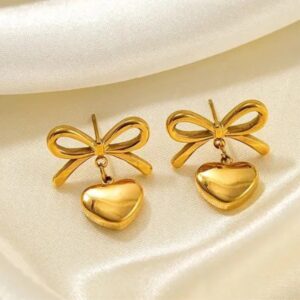 Premium Anti Tarnish Golden Bow Heart Drop Earrings for Women & Girls