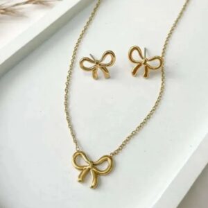 Gold Bow Necklace & Stud Earring Set | Anti Tarnish
