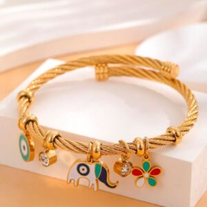 Golden Elephant and Evil Eye Charm Bracelet