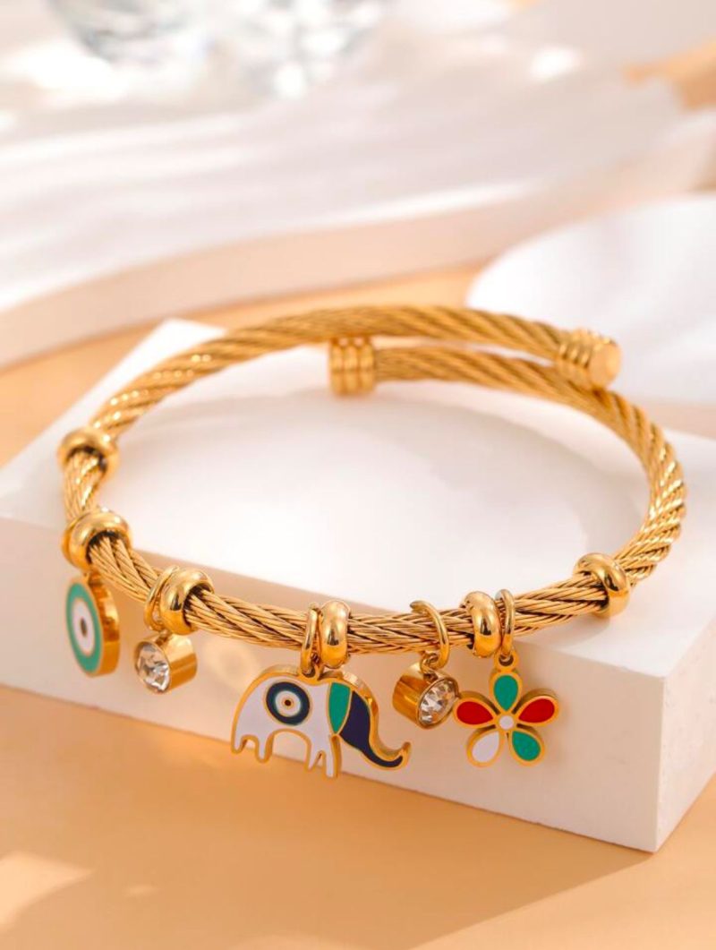 Golden Elephant and Evil Eye Charm Bracelet