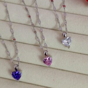 Silver Heart Pendant Necklace for Women & Girls | Crystal Stone Charm Chain | Pink, Purple & White Variants