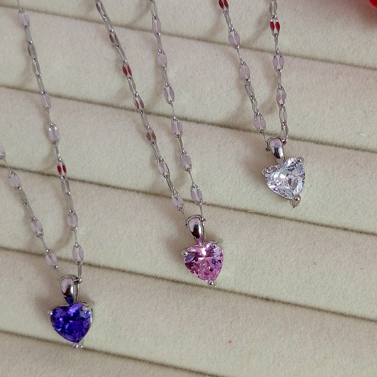Silver Heart Pendant Necklace for Women & Girls | Crystal Stone Charm Chain | Pink, Purple & White Variants