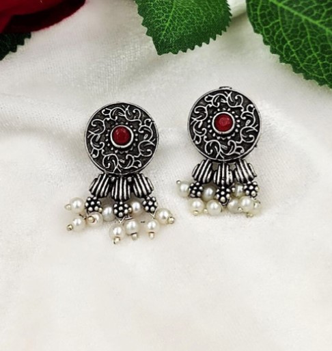 Oxidised Silver Stud Earrings with Pearls