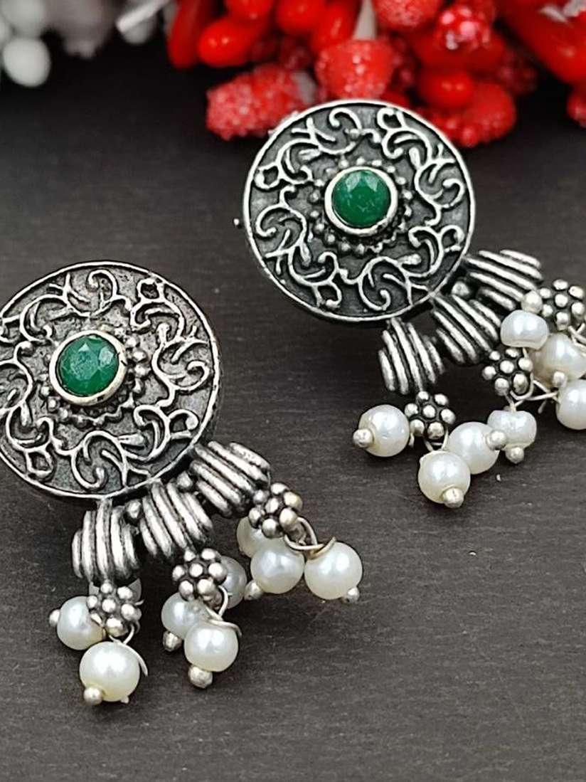 Oxidised Silver Stud Earrings with Pearls - Image 2