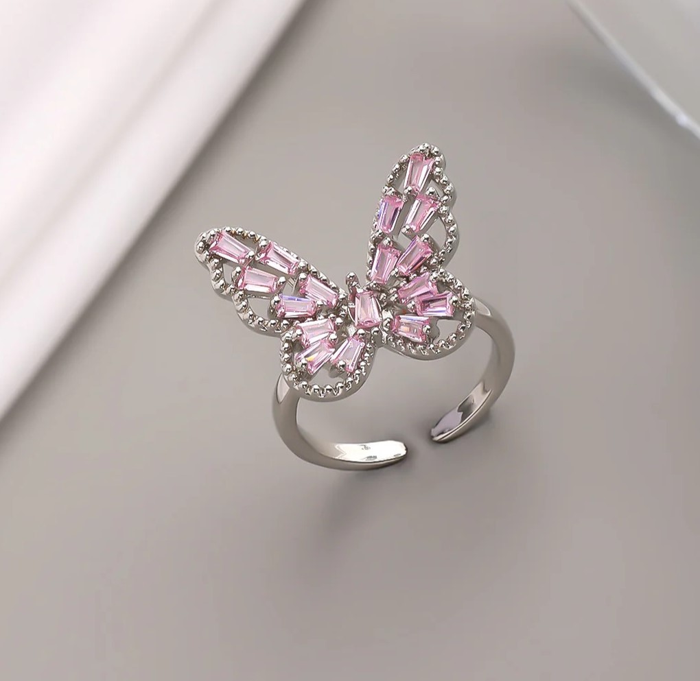 Adjustable Silver-Tone Butterfly Ring with Pink, White and Gold Baguette Cubic Zirconia Stones for Women - Image 2