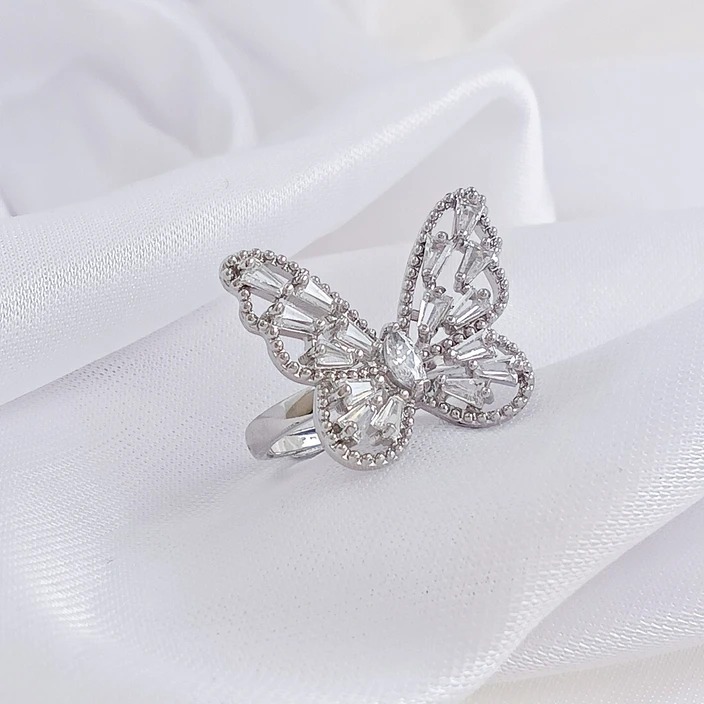 Adjustable Silver-Tone Butterfly Ring with Pink, White and Gold Baguette Cubic Zirconia Stones for Women - Image 3
