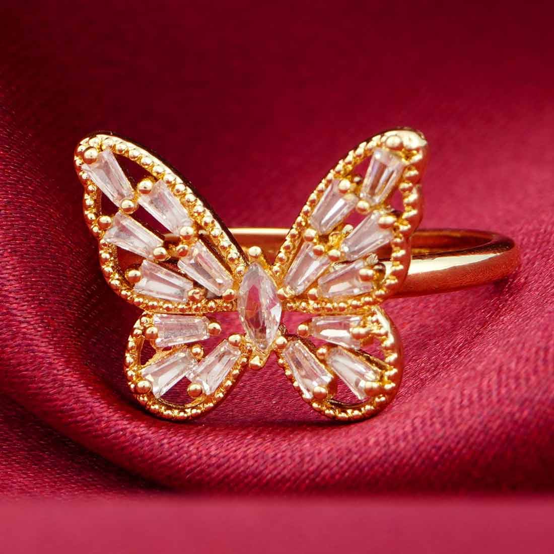 Adjustable Silver-Tone Butterfly Ring with Pink, White and Gold Baguette Cubic Zirconia Stones for Women